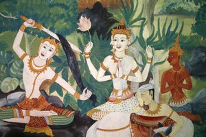 Fresco in Wat Ampharam, Hua Hin, Thailand: Buddha Cutting His Hair and Renouncing His Former Life