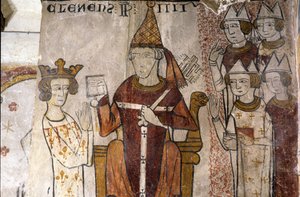 Fresco of the Ferrande Tower in Pernes-les-Fontaines (Pernes les Fontaines, Vaucluse (84)) from the 13th Century: Charles I of Anjou (1226-1285) was Invested in the Kingdom of Sicily on 28/06/1265 by Pope Clement IV (c. 1195-1268).