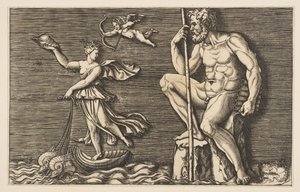 Galatea escaping Polyphemus, he is seated on a rock holding a staff and pipes by Unbekannt