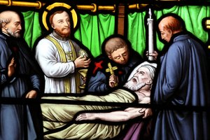 Basilica Notre-Dame of Geneva. Stained glass window. St. Vincent de Paul.