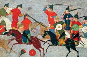 Ghenghis Khan in combat. Miniature from Jami al-tawarikh (Universal History)