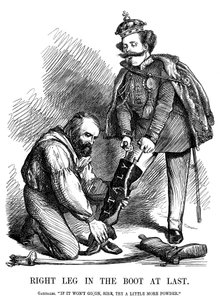Giuseppe Garibaldi helping Victor Emmanuel II put on the boot of Italy