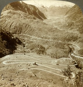 Great Zigzag Loops of Road Descending from Dyreskard Pass - West to Roldal Lake, Norway, c1905