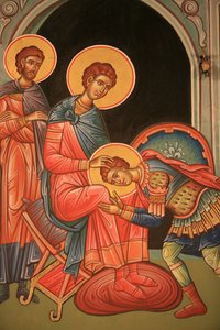 Greek orthodox icon depicting Saint Nestor and Saint Dimitrios, Thessaloniki, Greece