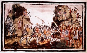 Hernando Cortes Cortez 1485-1547, Spanish conquistador, attacking natives in Mexico