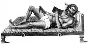 Hindu Philosopher Pararum Soatuntre Perkasanund Reclining on a Bed of Iron Spikes, 1811