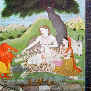 Holy family at the Burning Ground, showing Siva, Parvati, and Ghanesh, 19th century