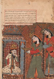 Ilar or Irakht About to Throw the Bowl of Rice at the King, Folio from a Kalila wa Dimna
