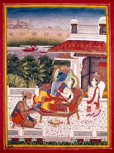 Indian Miniature Showing Krishna and a Princess on a Couch