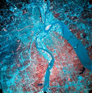 Infrared Photograph of the Confluence of the Missouri and Kansas Rivers, USA, 19 July 1993