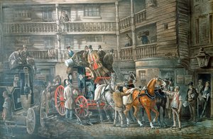 Inn yard with Mail Coach preparing to leave, c. 1840