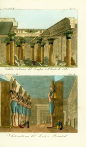Interior of the Temple of Isis on Philae Island, Nubia, and interior of the Great Temple of Ramses II at Abu Simbel, Nubia