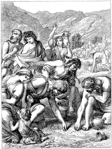 Israelites in the wilderness collecting the manna that fell from Heaven by Unbekannt