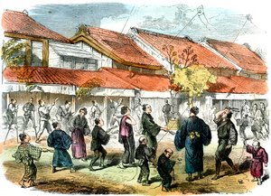 Japanese game of battledore and shuttlecock in the streets of Yokohama, 1865