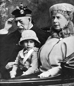 King George V and Queen Mary with Princess Margaret driving to church, Balmoral