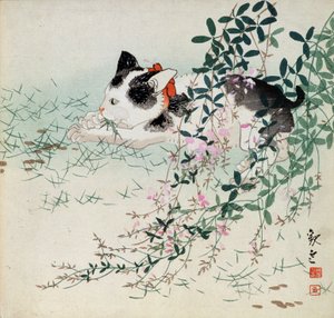 Kitten in grass and foliage flowers - Japanese print by Unbekannt