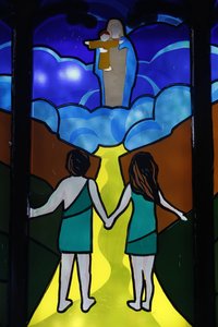 Adam and Eve, Expulsion from Paradise, Stained Glass Window, Kon Tum Cathedral, Kon Tum, Vietnam