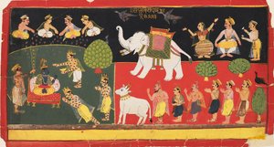 Krishna Revered by Indra Arriving on a White Elephant, c1720