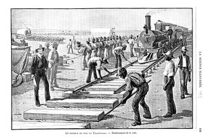 Laying Sleepers and Rails Permanent Way on the Transvaal Railway, South Africa, 1893