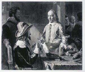 The English doctor William Harvey (1578-1637) showing King Charles I of England (1600-1649) the theory of blood circulation