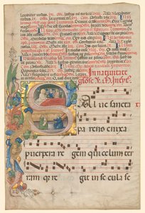 Leaf from a Gradual: Historiated Initial S[alve Sancta Parens] with Birth of the Virgin (recto) by Unbekannt