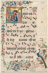 Leaf from an Antiphonary: Initial H with the Nativity recto and Text verso, c. 1480 by Unbekannt