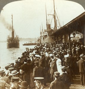 Leaving old home and friends - waving emigrants for America, Christiania, Norway, c1905