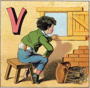 Letter V as vasistas. Curious child looking out of a window. Engraving in "Alphabet des petits ecoliers". Imaging of Epinal, circa 1885 by Unbekannt