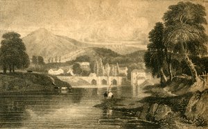 Llangollen Bridge, Castle Dinas Bran, on the River Dee: North Wales, 19th century
