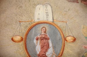 Loreto church fresco: Tables of the law, scales and Virgin Mary, Prague, Czech Republic by Unbekannt