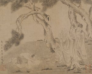 Luohan, Attendant, and Worshipper Under Pines by Unbekannt