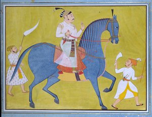 Maharaja Pratap Singh of Sawar Riding, with Two Attendants on Foot