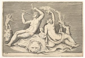 Man Playing Two Flutes and Woman on Lionskin, published ca. 1599-1622