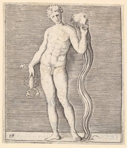 Man with Crayfish and Urn of Water, published ca. 1599-1622 by Unbekannt