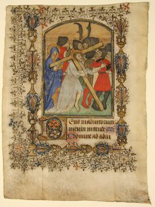 Manuscript Leaf from a Book of Hours... Illuminated Initial D and Christ Bearing the Cross by Unbekannt