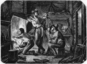 Miners in the Californian Gold Fields Relaxing in Their Log Cabin at Night