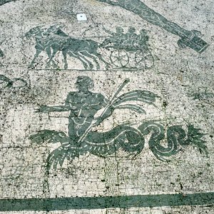 Mosaic, Carts pulled by mules with travellers, Cisarii