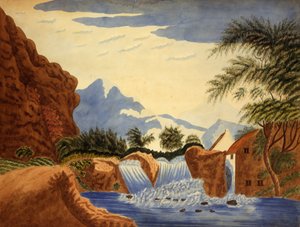 Mountain Scene and Waterwheel by Unbekannt