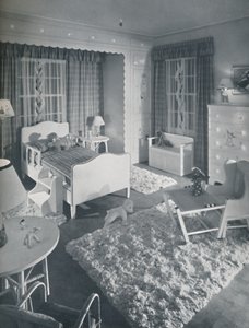 Nursery by W. & J. Sloane, with cream-coloured furniture and shaggy white rugs on a blue painted floor by Unbekannt