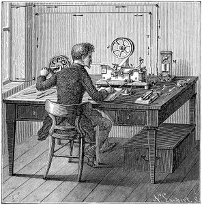 Operator receiving a message in Morse code on an electric printing telegraph