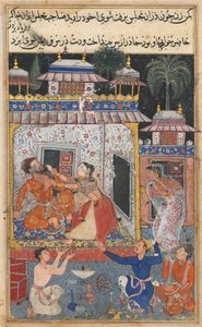 Page from Tales of a Parrot Tuti-nama: Eighth night: The deceitful wife assaults, c. 1560