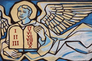 Painting in Our Lady of Togo church: Angel holding the tables of the law, Togoville, Togo