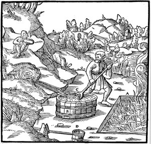 Producing salt by evaporating natural brine by pouring it into a pit of burning charcoal, 1556