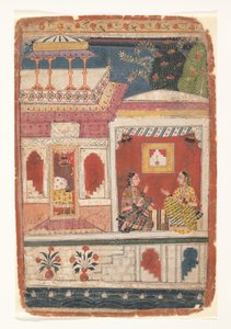 Radha and Her Confidant Sit in an Open Room: Page from a Dispersed Rasikapriya