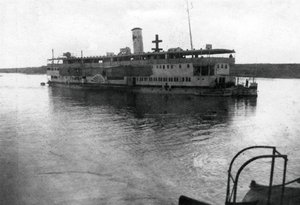 Red Cross river boat going up the Tigris River, Mesopotamia, WWI, 1918