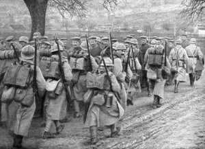 Relief French infantry passing a line of prisoners, Plessis-de-Roye, Picardy, France by Unbekannt
