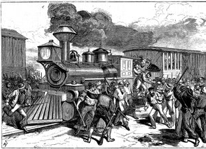 Riot by railroad workers at Martinsburg on the Baltimore-Ohio Railroad, USA