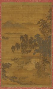 River Landscape: A Man in a Pavilion Under Large Trees by Unbekannt