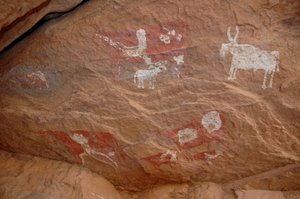Rock Art, Prehistory: Rock Painting of a Group of Cattle and Sheep in an Ornate Shelter, Uweinat Massif, Sudan