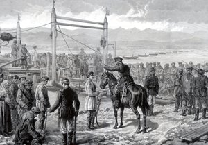 Russian convicts under military escort waiting to be ferried across the river Yenisei, Siberia by Unbekannt